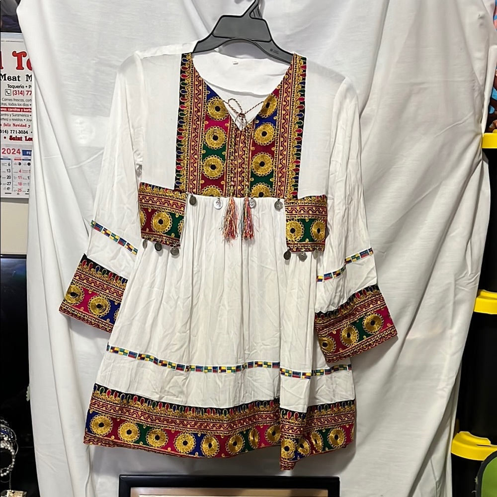 White and Red Embellished Tiered Sundress with Bell Sleeves